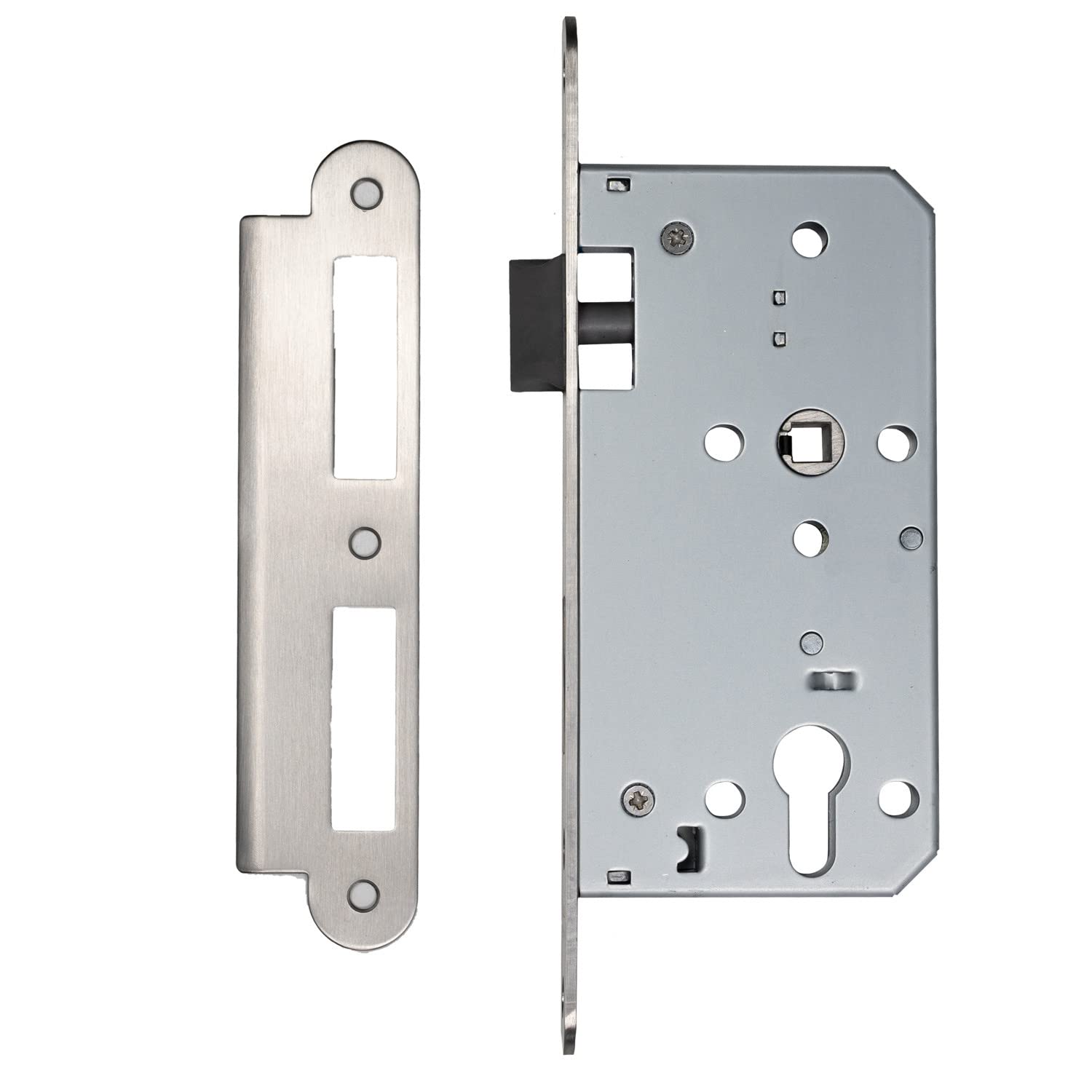 Serrure à larder FELGNER cylindre profilé | pour de porte en bois | Boîtier de serrure en tôle galvanisée + loquet en plastique | Têtière 20mm - axe 55mm - Din gauche et droite