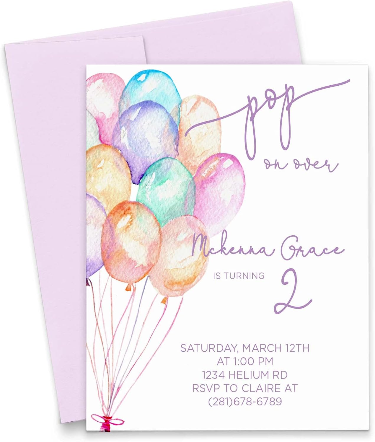 Modern Pink Paper Balloon Birthday Invitations for Girls, Balloon Invitations Birthday, Your choice of Quantity, Age, Info and Envelope Color