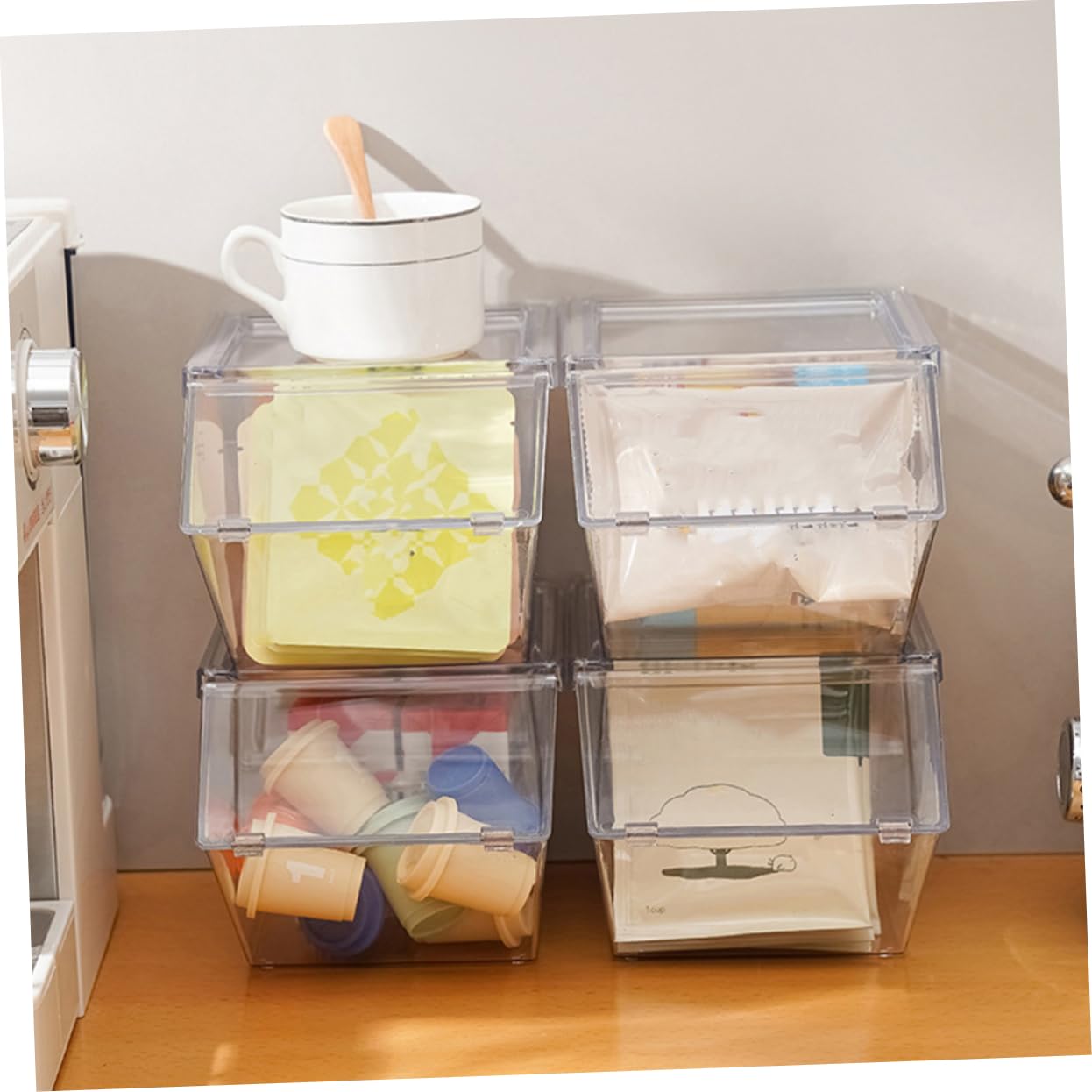 Happyyami 4 Stück Acryl Aufbewahrungsbox für Teebeutel mit Deckel Großer Stauraum und Glatter Oberfläche Stapelbar für Küche und Schreibtisch