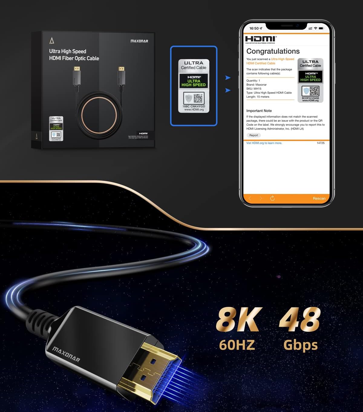 Cavo HDMI 2.1 fibra ottica 15 m 8K 48 Gbps eARC 4K 120Hz CL3 per TV, monitor e console