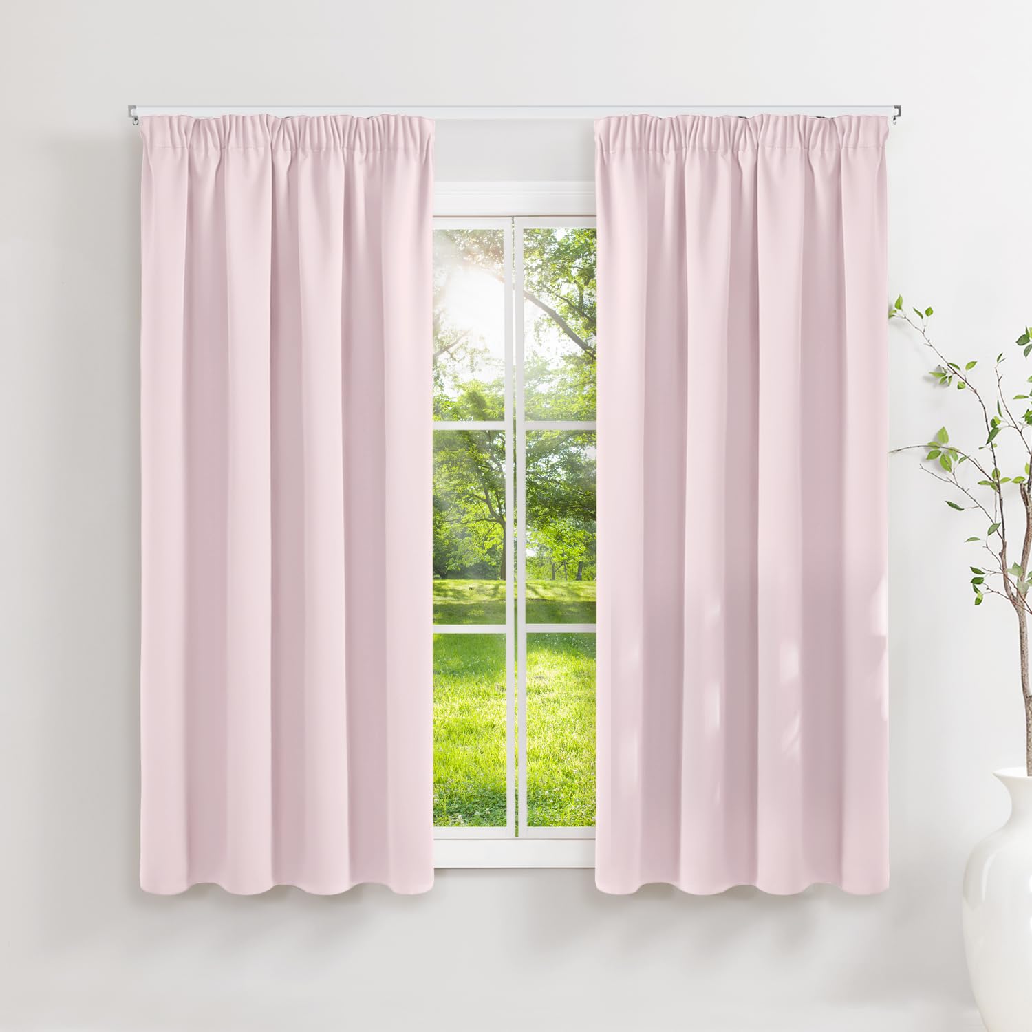 Runyéla Pencil Pleat Blackout Curtains for Bedroom Thermal Curtain 46 x 54 Inch Drop Kitchen Living Room 2 Panels Light Pink