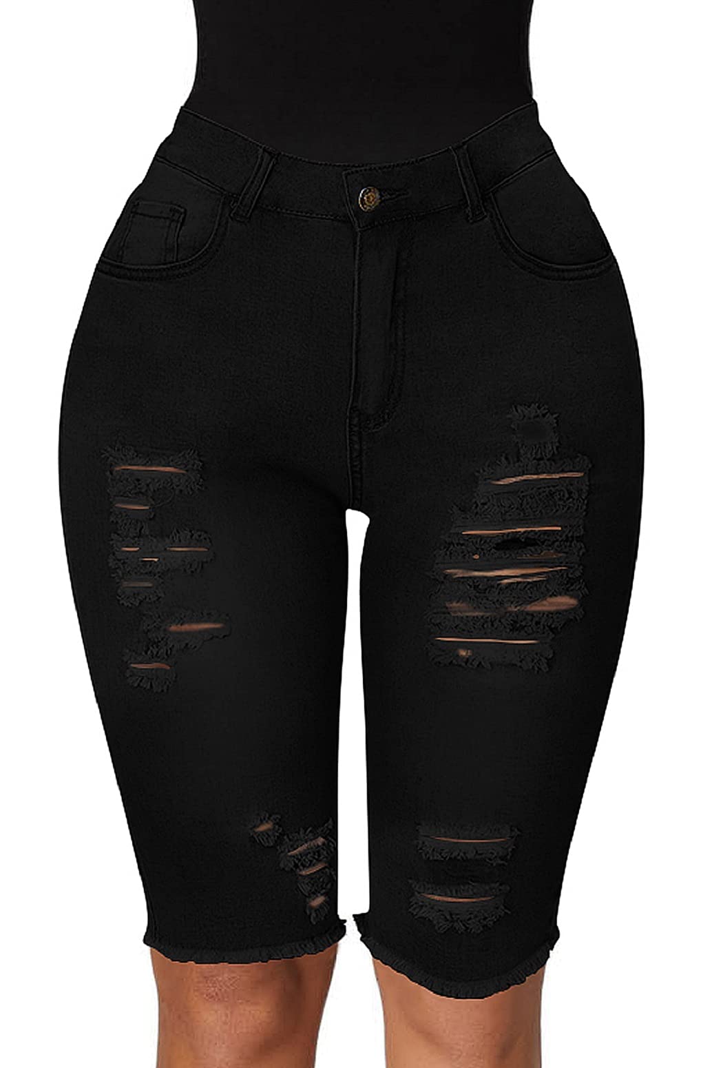 roswearWomens Ripped Stretchy Long Jean Shorts Mid Rise Frayed Cut off Bermuda Shorts