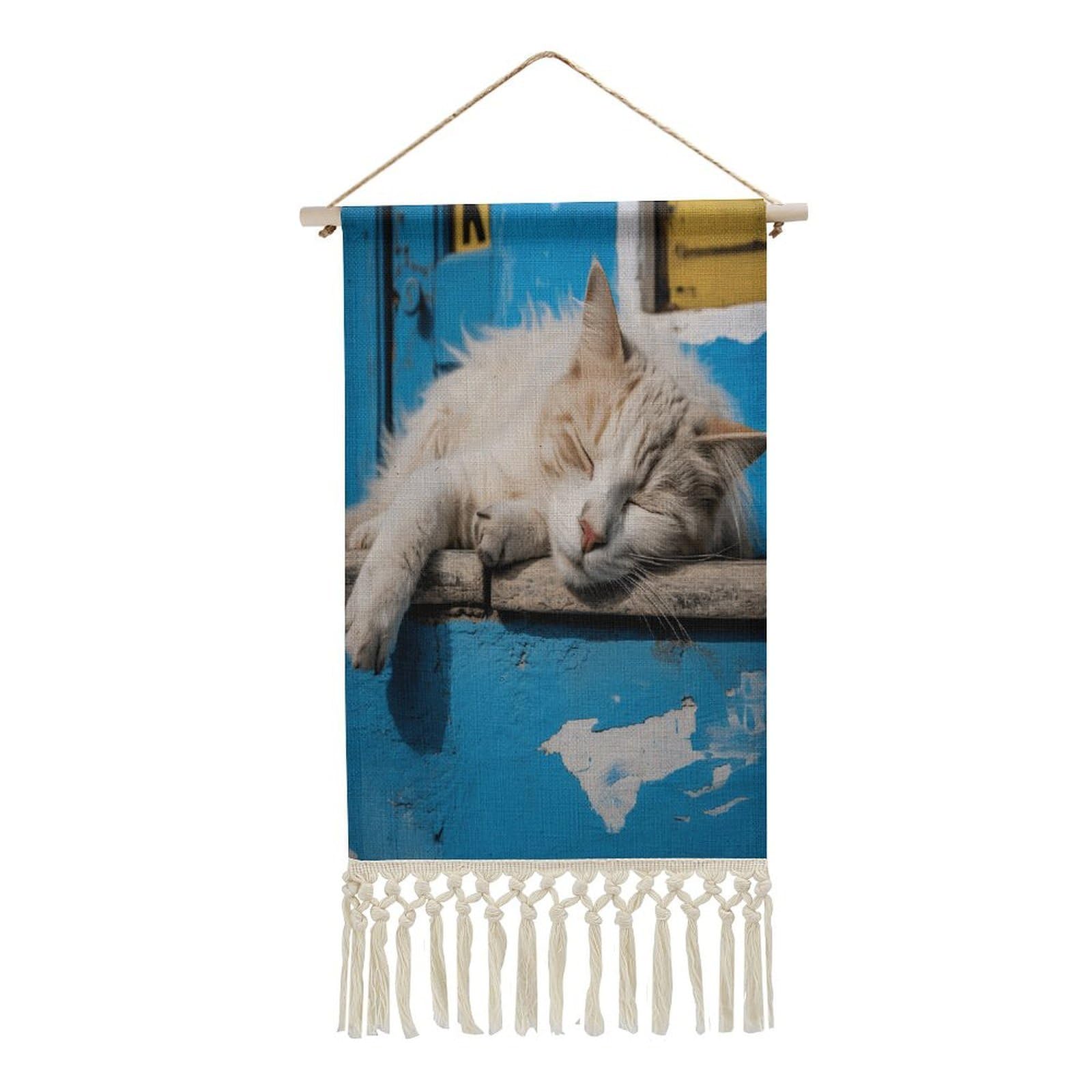 Adfgyerh Style Sleeping Little Cat Tapestry With Tassels Cotton And Linen Hanging Posters, Wall Art For Travel Gift, Wall Tapestry For Office Home Decor Bedroom Living Room Decor