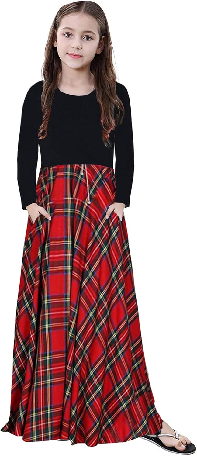 KYMIDY Girl Maxi Dress Kids Casual Buffalo Check Plaid Long Sleeve Dresses with Pockets(6-14yrs)