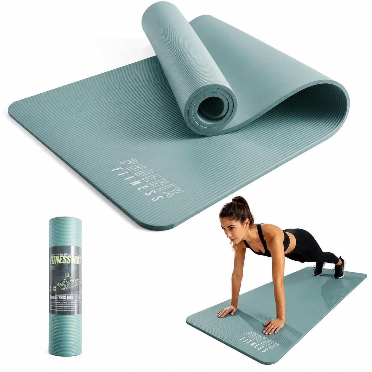 Phoenix Fitness NBR Yoga Mat – 10mm Extra Thick, Non-Slip Exercise Mat for HIIT, Pilates & Fitness Training at Home & Gym | 183 x 61cm, Black, Pink, Navy or Sage (Sage)