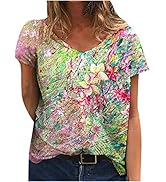 Women's Short Sleeves Oil Painting Tee Floral Print V-Neck Summer Casual T-Shirts Top Blouse