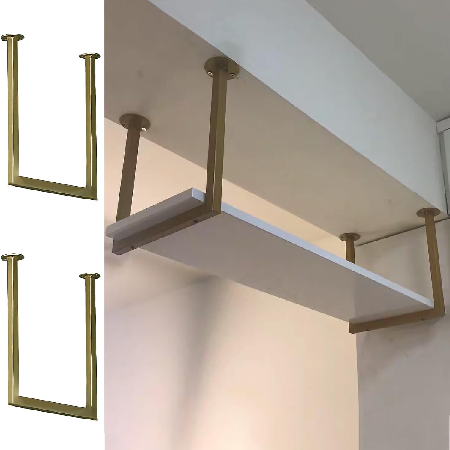 Heavy Duty Shelf Bracket (No Plank), 30cm x 30cm Ceiling Mount Black Pipe Shelf with Screw, Industrial Shelf Bracket, Metal Hanging Shelf, for Kitchen (Color : Gold, Size : 2 Pack)