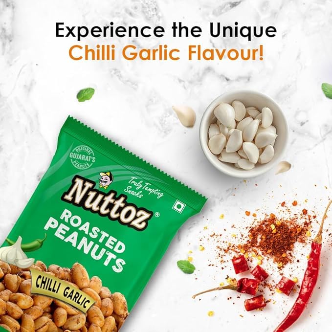 Image of Nuttoz Roasted Peanut Chilli Garlic - Pack of 2 (140gm each) | Jumbo Roasted Moongfali | Non Fried Ready to Eat Healthy Snack | Crunchy Snack and Namkeen