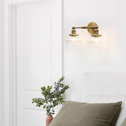 Miniatura 3 de 2 luces de pared industriales de vidrio, lámpara de pared de latón antiguo con pantalla de globo rayado transparente para tocador de baño,