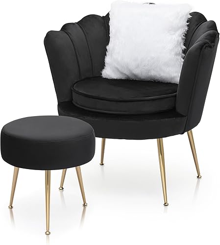 Magshion Moderno sillón tapizado de terciopelo con respaldo festoneado con patas doradas y almohada suave para sala de estar, cómoda silla de