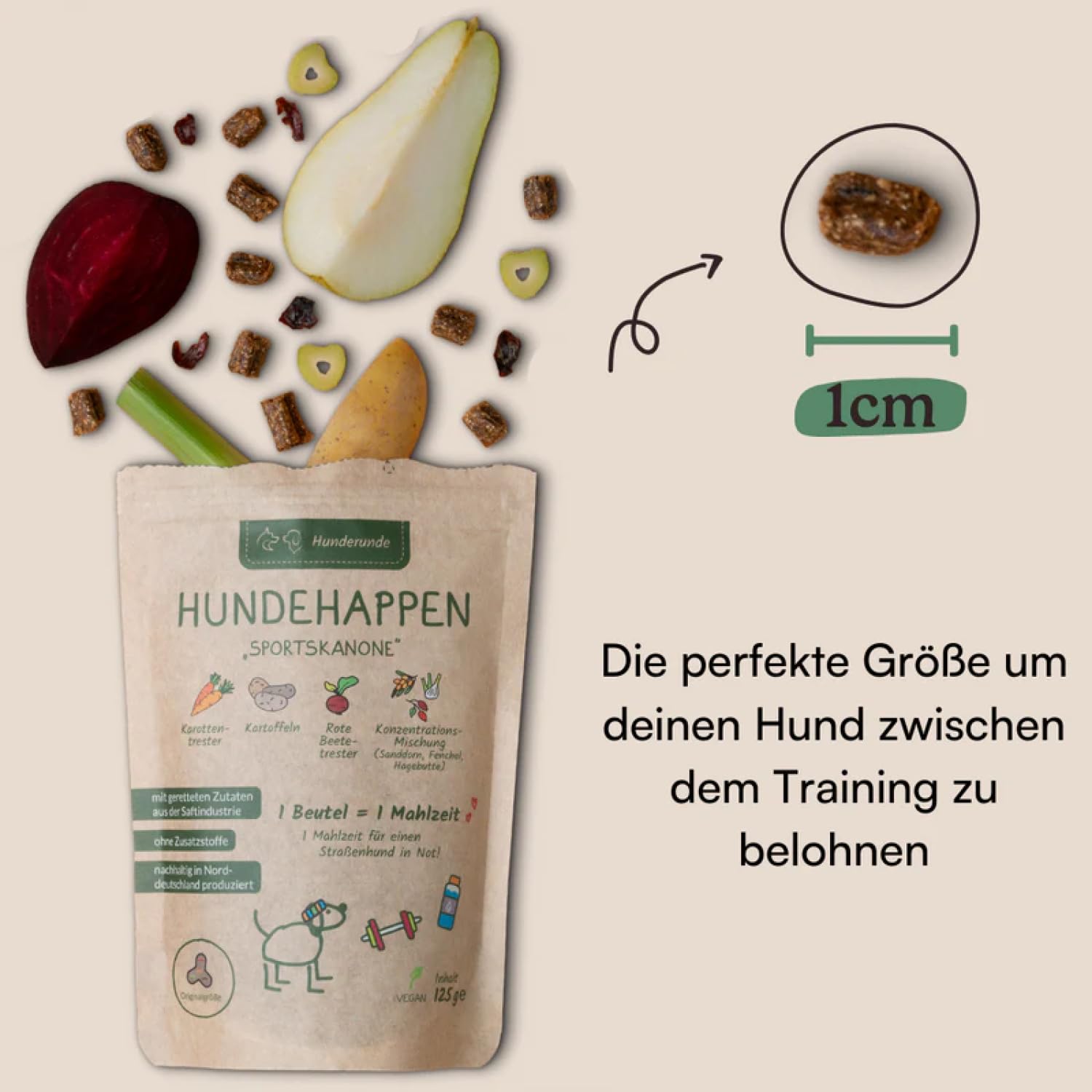 Hunderunde – Hundehappen Sportskanone 6×125g – vegane Hundeleckerli für Training & Spaziergang – fettarm & proteinarm – mit Rote Beete & Fenchel – getreidefrei – ideal bei Sensitivität – Hundesnack