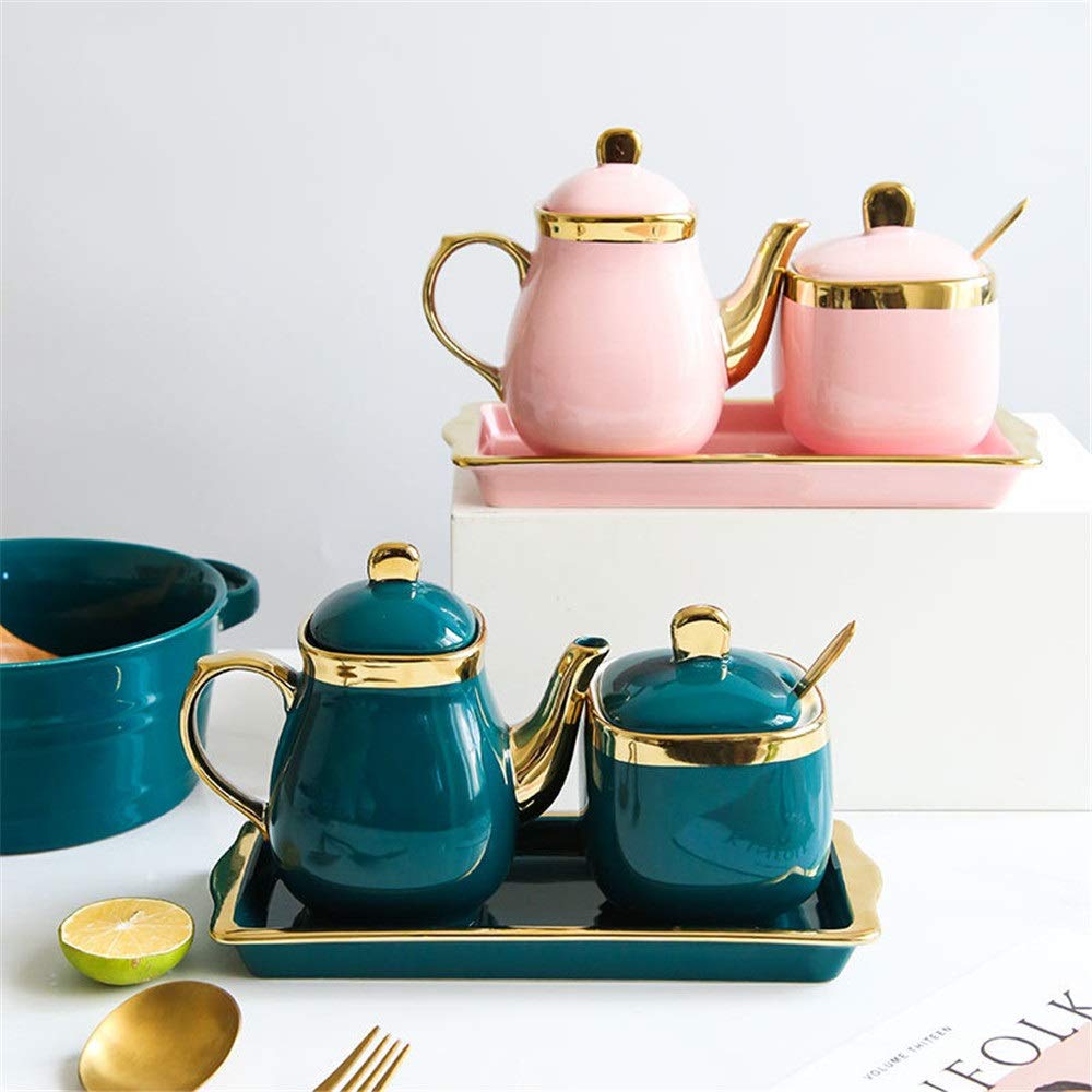 SAeWare Juego de tarros de especias para condimentos, botella de aceite de cerámica con bandeja para condimentos, color rosa, talla única, color rosa