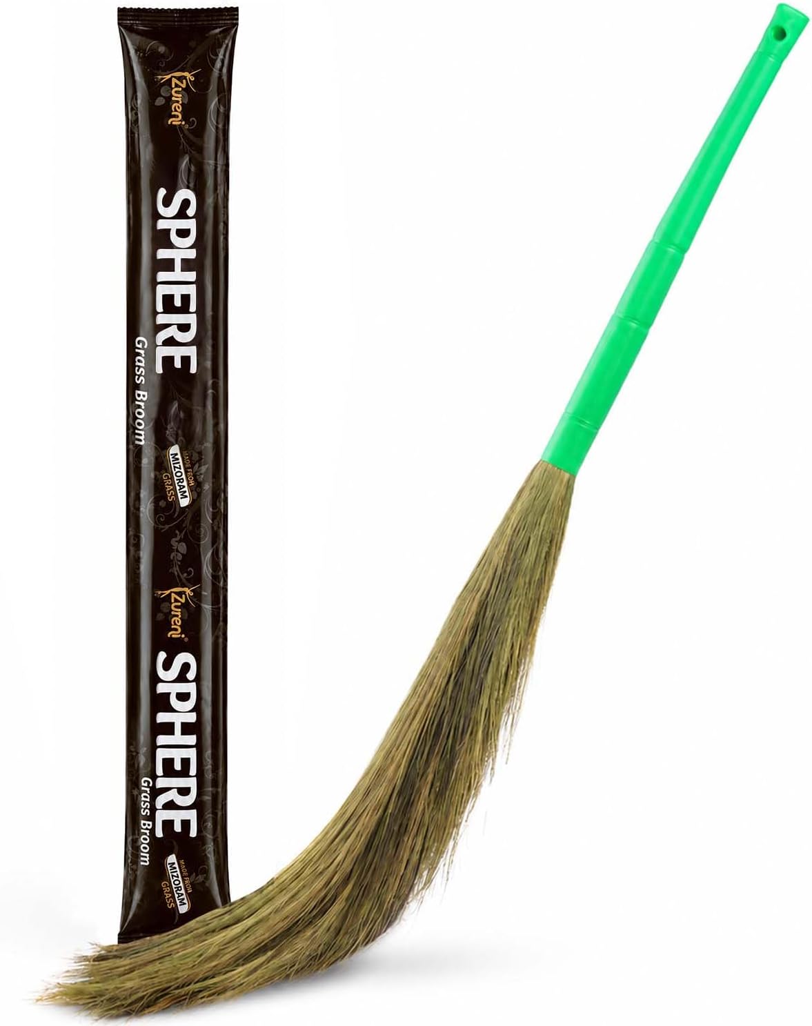 Zureni BR-06 Sphere Broom Phool Jhadu Natural Mizoram Grass with 20 inch Heavy Duty Plastic Handle for Home & Office Easy Floor Cleaning