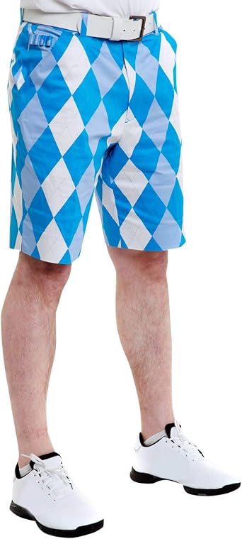 Royal & Awesome Old Toms Trews Mens Golf Shorts 34W, Crazy Shorts for Men with White Mens Golf Belt