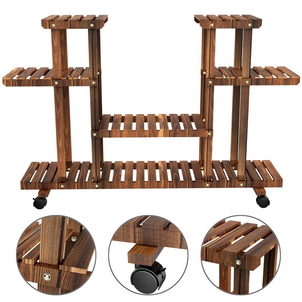 Yaheetech Soporte para Plantas Interiores y Exteriores Estantería Plantas Madera con Ruedas Desmontables Soporte para Macetas de 4 Niveles para Terreza Jardín Balcón
