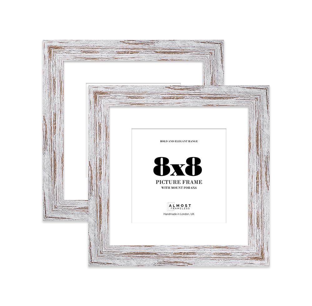 8x8" Distressed Wood Square Frame With Mount for 6x6" Pictures 28mm Edge Frame Display with Wall Hooks and Kickstand, 2 Pack