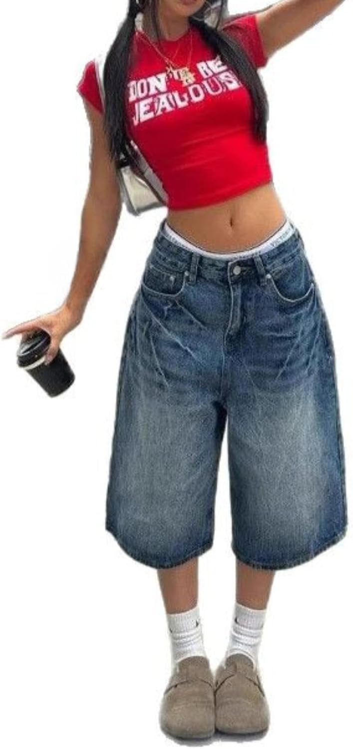 Wide Leg Denim Shorts Mid Rise Washed Finish Button Zip Closure Functional Pockets Relaxed Fit