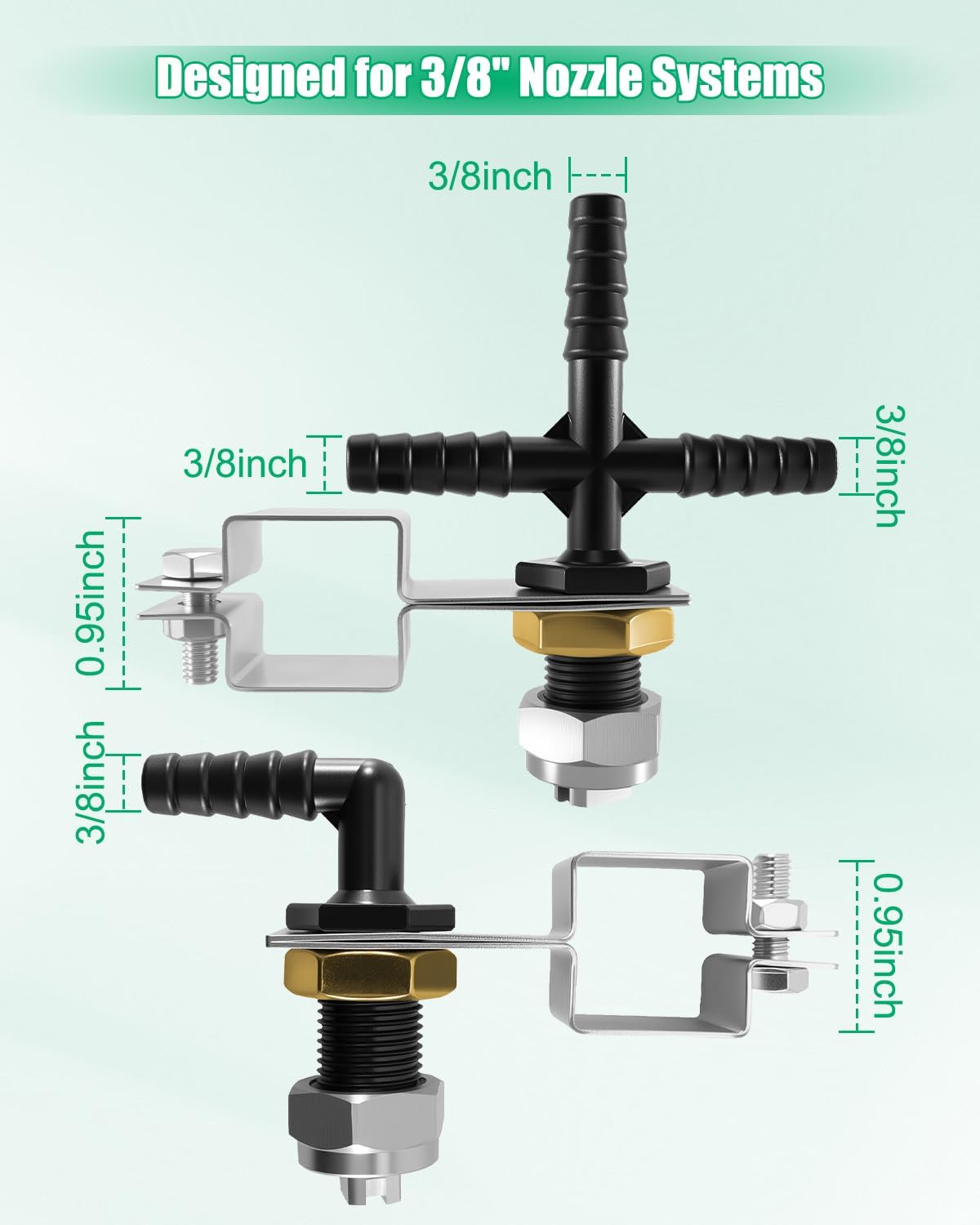 3 Tip Spray Boom Repair Kit with 8001-VS Stainless Steel Nozzles, 3/8" Nozzle Body Elbows & Cross, Tip Screens, Caps, Nuts, 1" Square Boom Clamps for Farm & ATV Sprayers