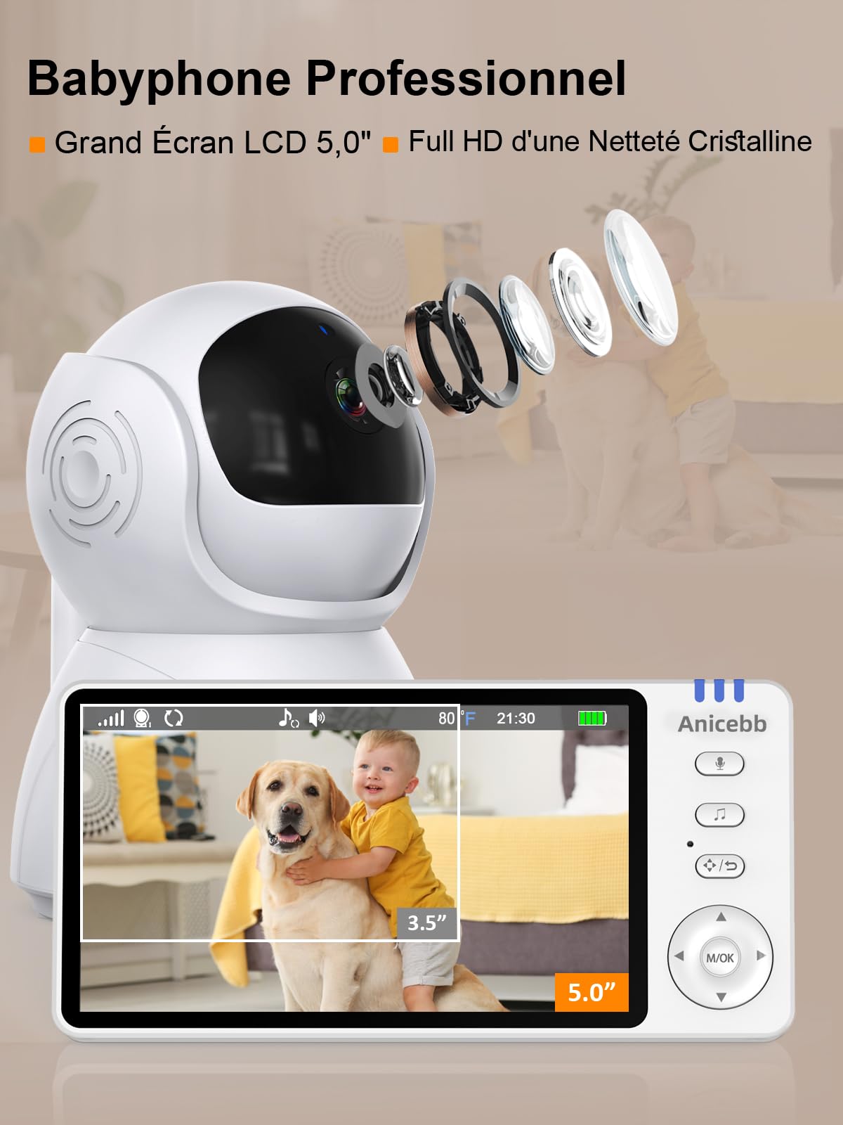 Babyphone Caméra Vidéo 5" HD sans WiFi, Surveillance Bébé PTZ 355° Zoom 4X, Portée 300m, Mode VOX 100 H Autonomie, Vision Nocturne, Audio Bidirectionnel, Alertes Température et Pleurs