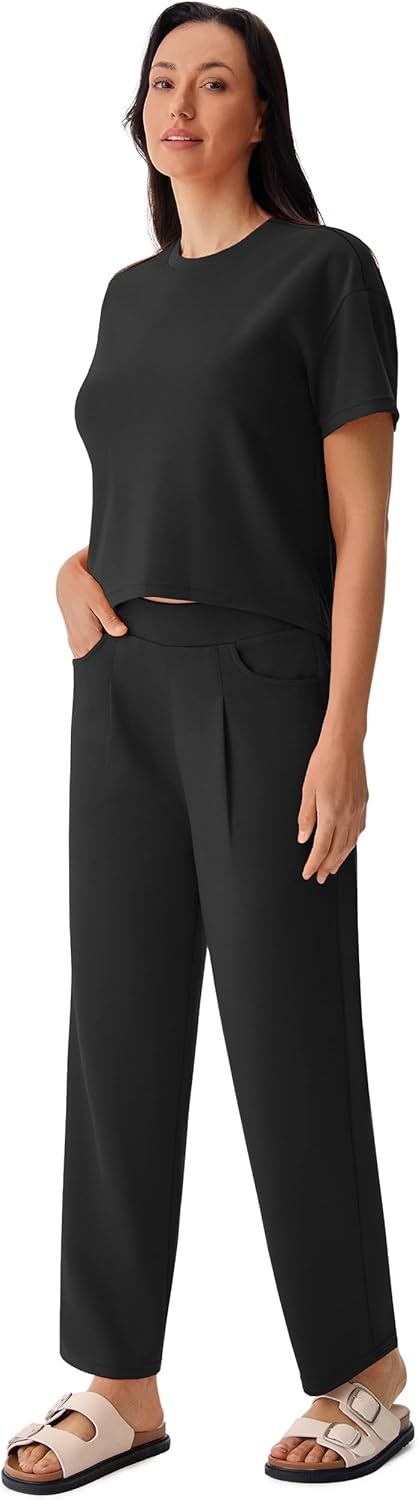 AFITNE Women’s 2 Piece Lounge Set Short Sleeve Top and Wide Leg Pants Vacation Outfits Travel Casual Matching Tracksuits - Image 2