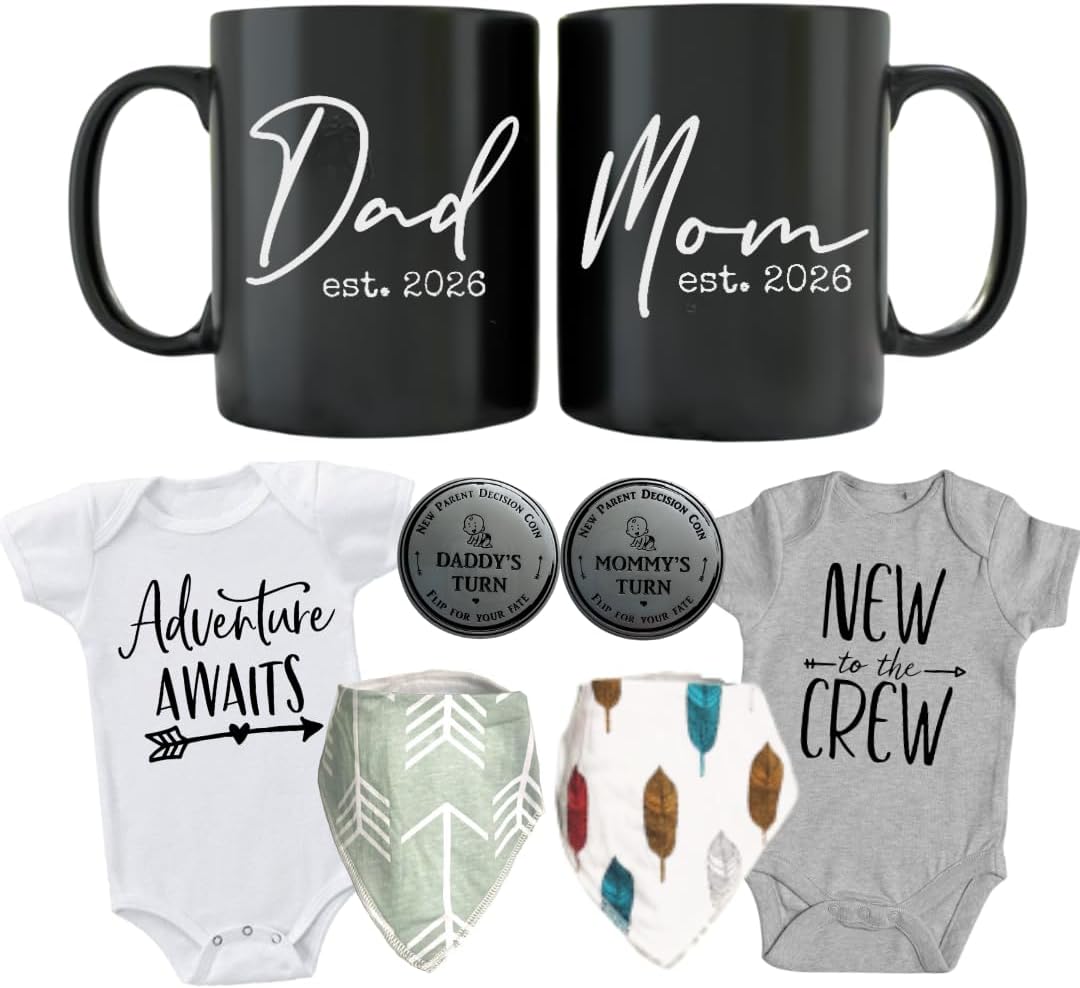 Pregnancy Gift Set - New Mom and Daddy Est 2026 11 oz Mug Set with "Adventure Awaits & New to Crew" Onesie 0-3 Months - Baby Changing Coin - Baby Bibs - Mom & Dad Gift Set for Expecting Parents to Be