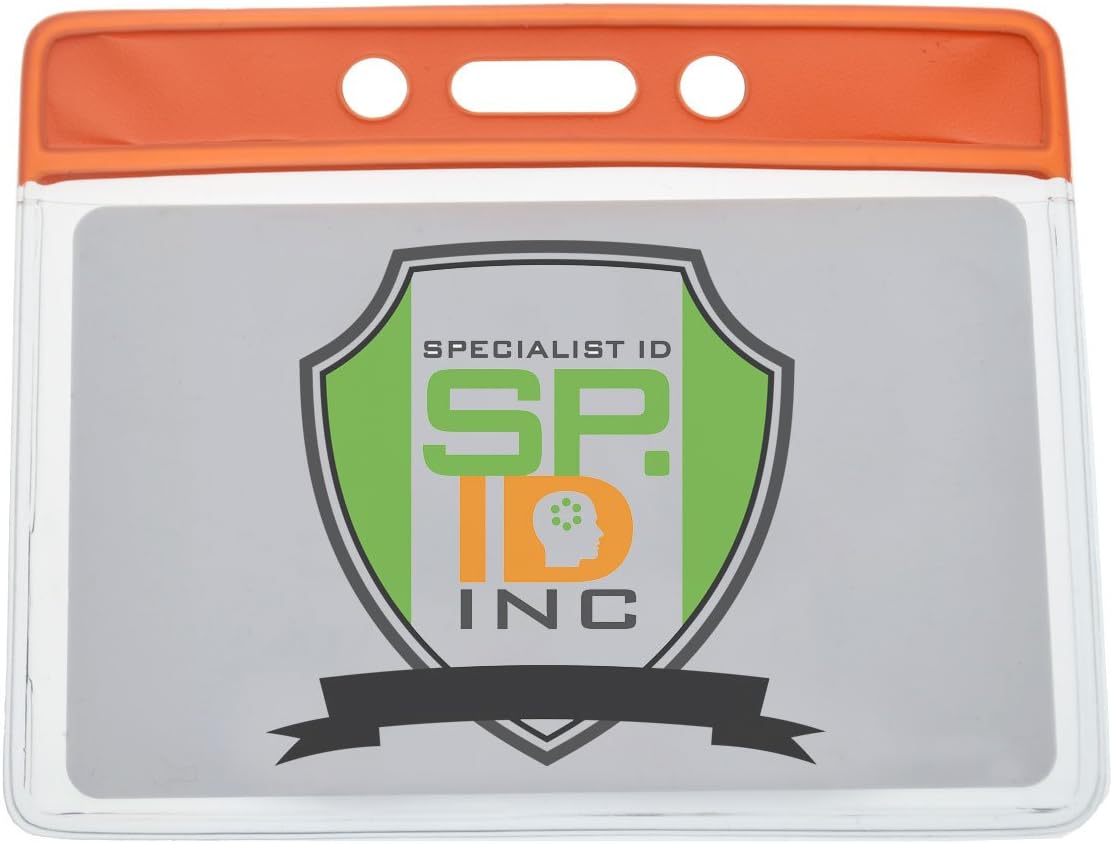 Bulk 100 Pack - Horizontal Badge Holder with Color Bar (3 1/2 x 2 1/4" Clear Top Load Insert) - Heavy Duty Vinyl Name Tag Protector for Hospital, School, Office by Specialist ID (Orange)