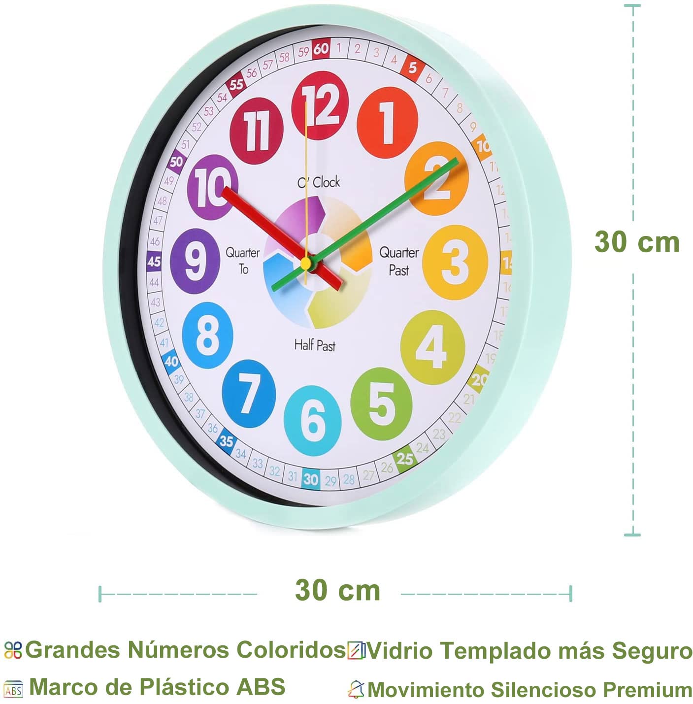 30cm Reloj de Pared Educativo para enseñar el Tiempo para niños, Silencioso, Funciona con Pilas, Aprender a Contar, Reloj de Pared de Cristal Vidrio Decorativo Colorido