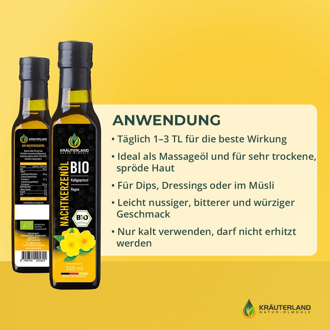 Kräuterland Bio Nachtkerzenöl 4X250ml (1L), kaltgepresstes Speiseöl | mit natürlicher Linolsäure und Gamma-Linolensäure aus reinen Nachtkerzensamen, milder Geschmack, Gluten- & GVO-frei im Glas