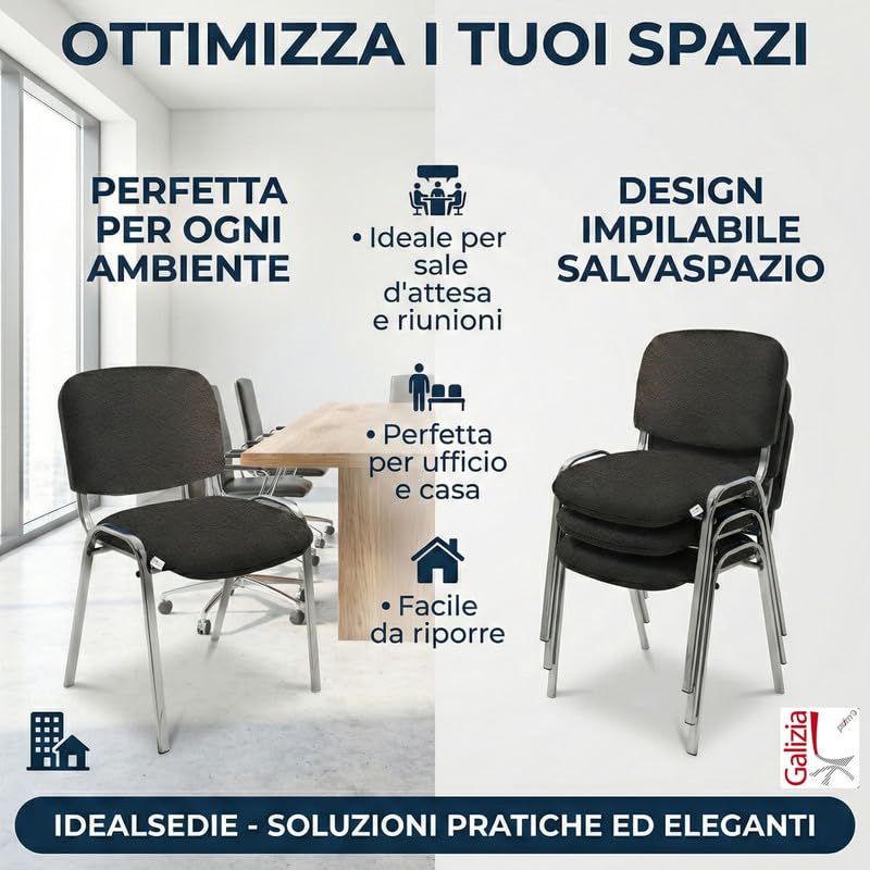 IDEALSEDIE - Sedia Scrivania Senza Rotelle con Telaio Cromato, Sedia Ufficio Senza Ruote Comoda, Impilabile, Sedie per Sala d'Attesa, Sala Riunioni, Conferenze (Finta Pelle, Blu)