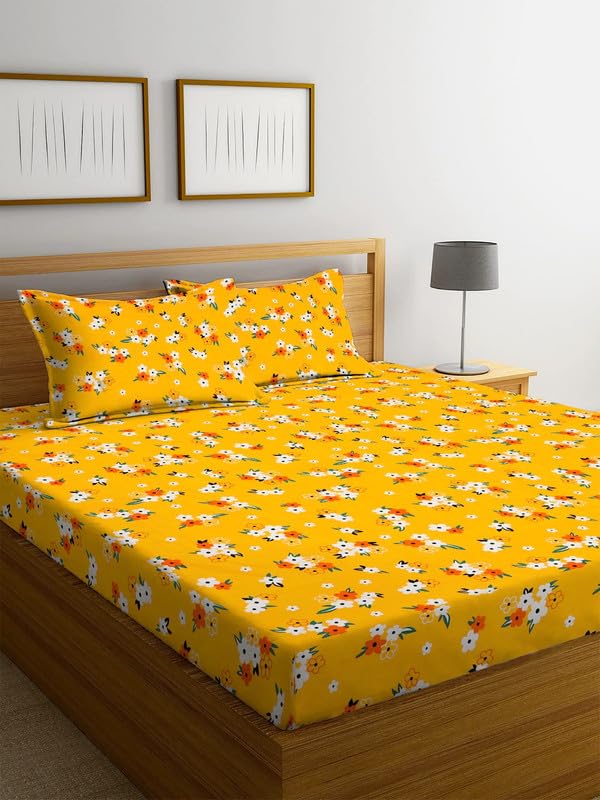 Image of NHD HOME Premium Cotton Elastic Fitted Bedsheets with 2 King Size Pillow Covers | Double Bed with All Around Elastic 220 TC Supersoft |Size-72 King Sizex78+10 inches | Floral, Yellow Red