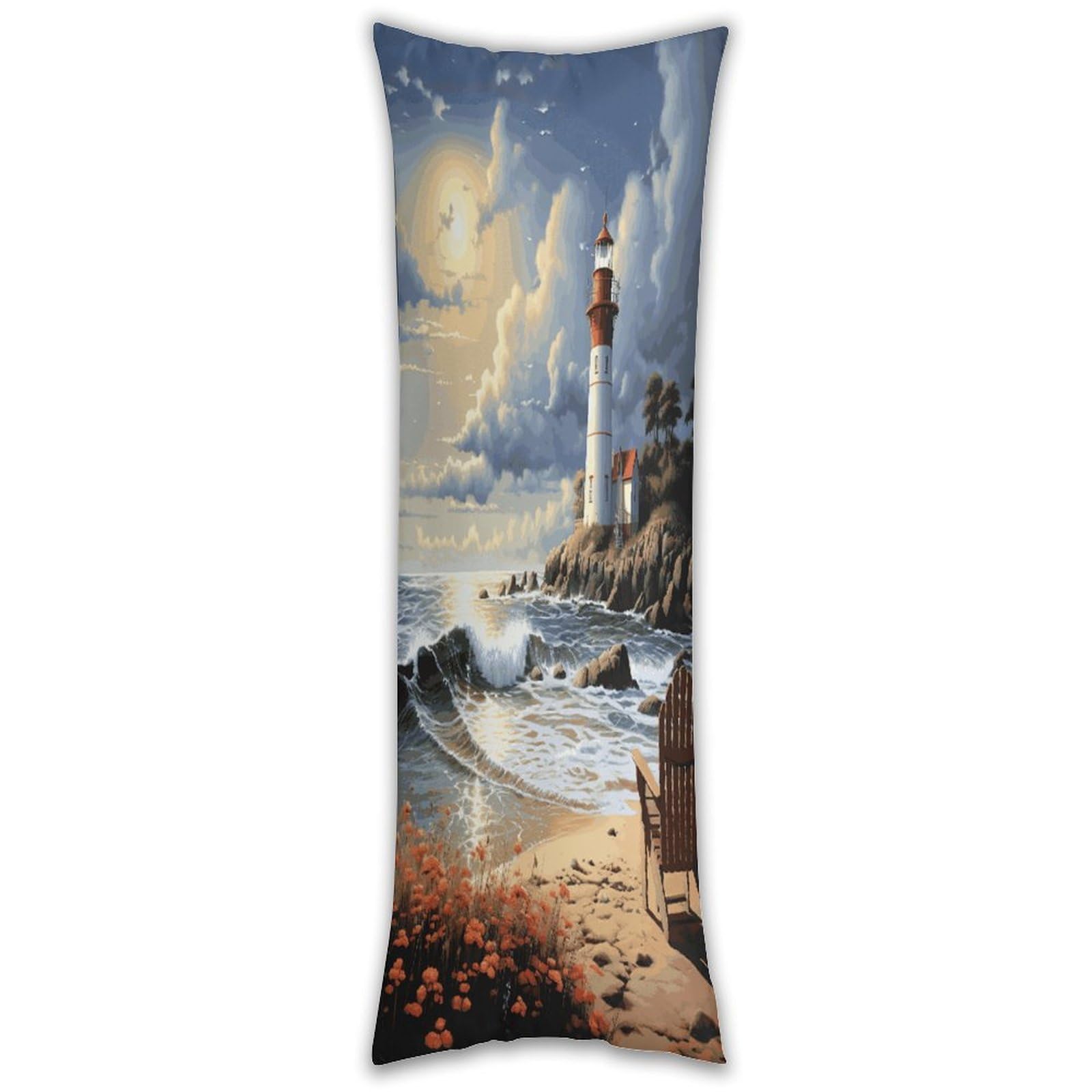 Sea Lighthouse Sandbeach Long Pillow Case with Zipper Ultra Soft Microfiber Long Pillow Cover Breathable Body Pillow Protector Soft Wrinkle Pillowcase for Bed Sofa Bedroom 53 X 19 in