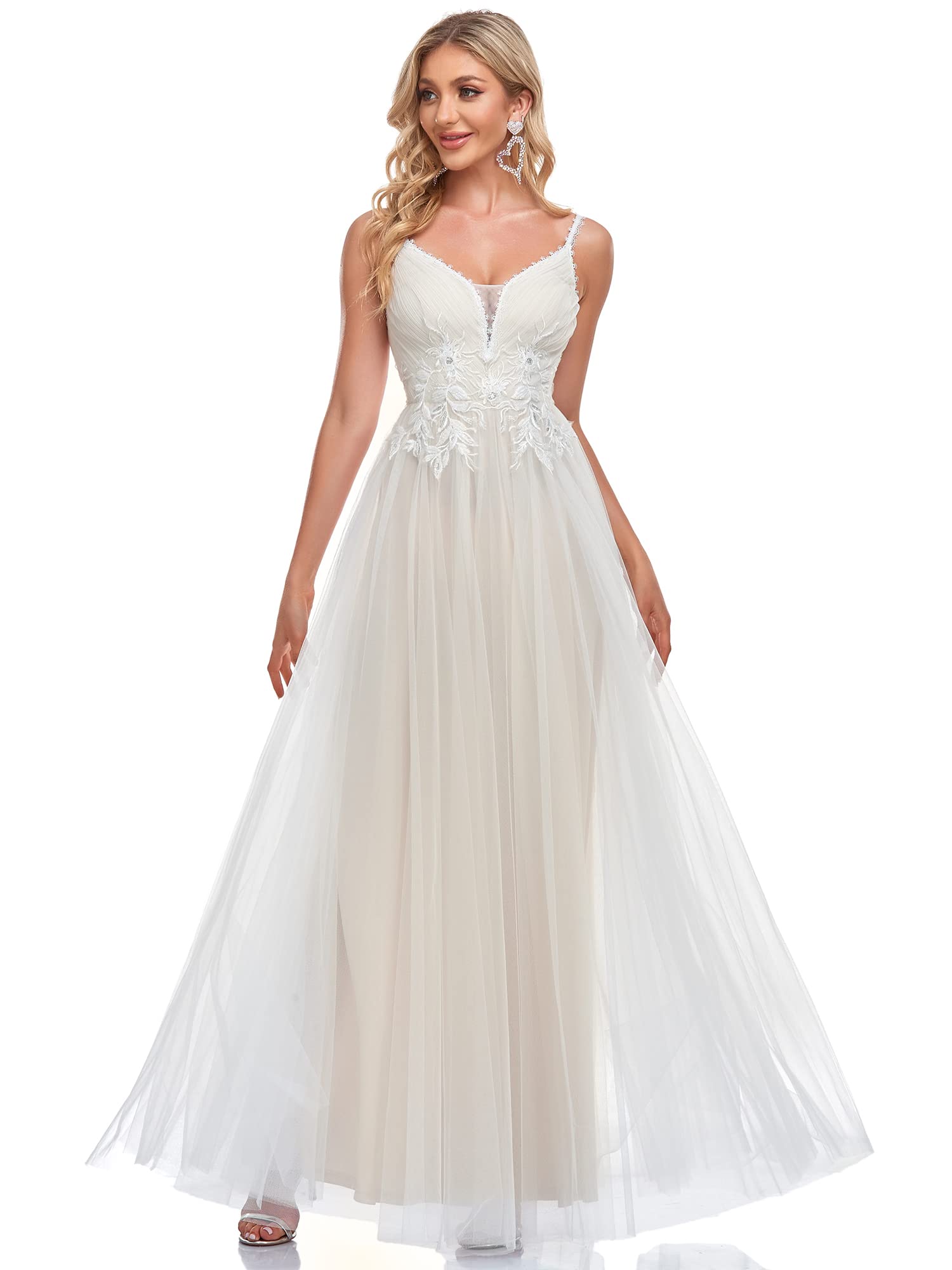 Ever-Pretty Vestito da Sposa da Donna Linea ad A Scollo a V Stile Impero Senza Maniche Tulle Appliques Elegante 0124A