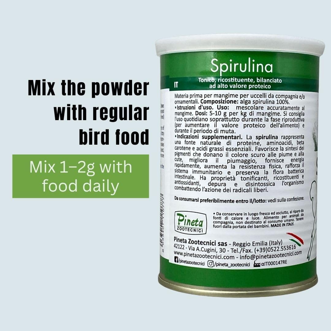 PINETA Spirulina Powder Organic 200g - Spirulina Supplement Bird Food for Canaries and Granivorous Birds - 100% Natural, Immune Support Supplement, Promotes Healthy Molting, Bright Feathers