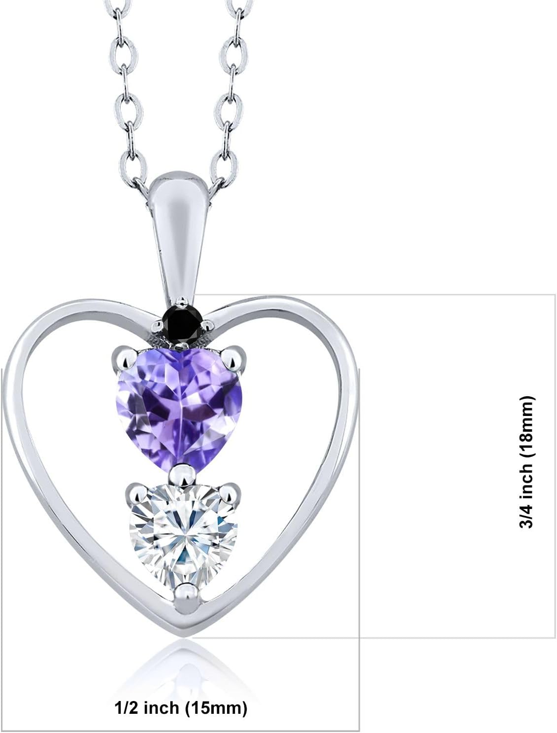 Gem Stone King 925 Sterling Silver Blue Tanzanite White Moissanite and Black Diamond Pendant Necklace For Women (0.74 Cttw, Gemstone December Birthstone, Heart 5MM and 4MM, with 18 Inch Silver Chain) - Image 2