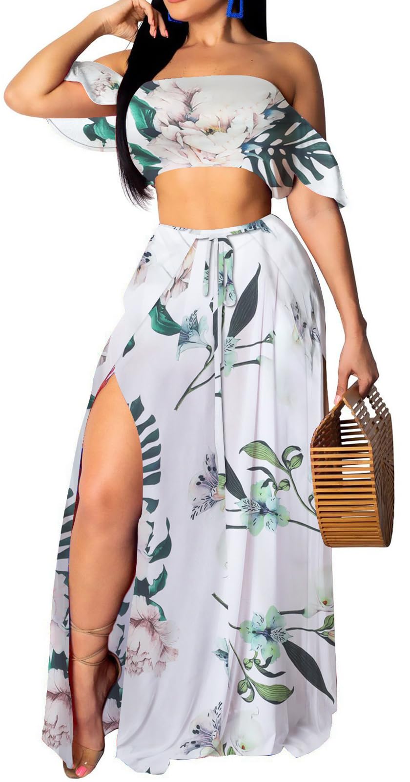 SxClub Women's Beach Dress 2 Piece Off Shoulder Top Long Maxi Skirt Sets