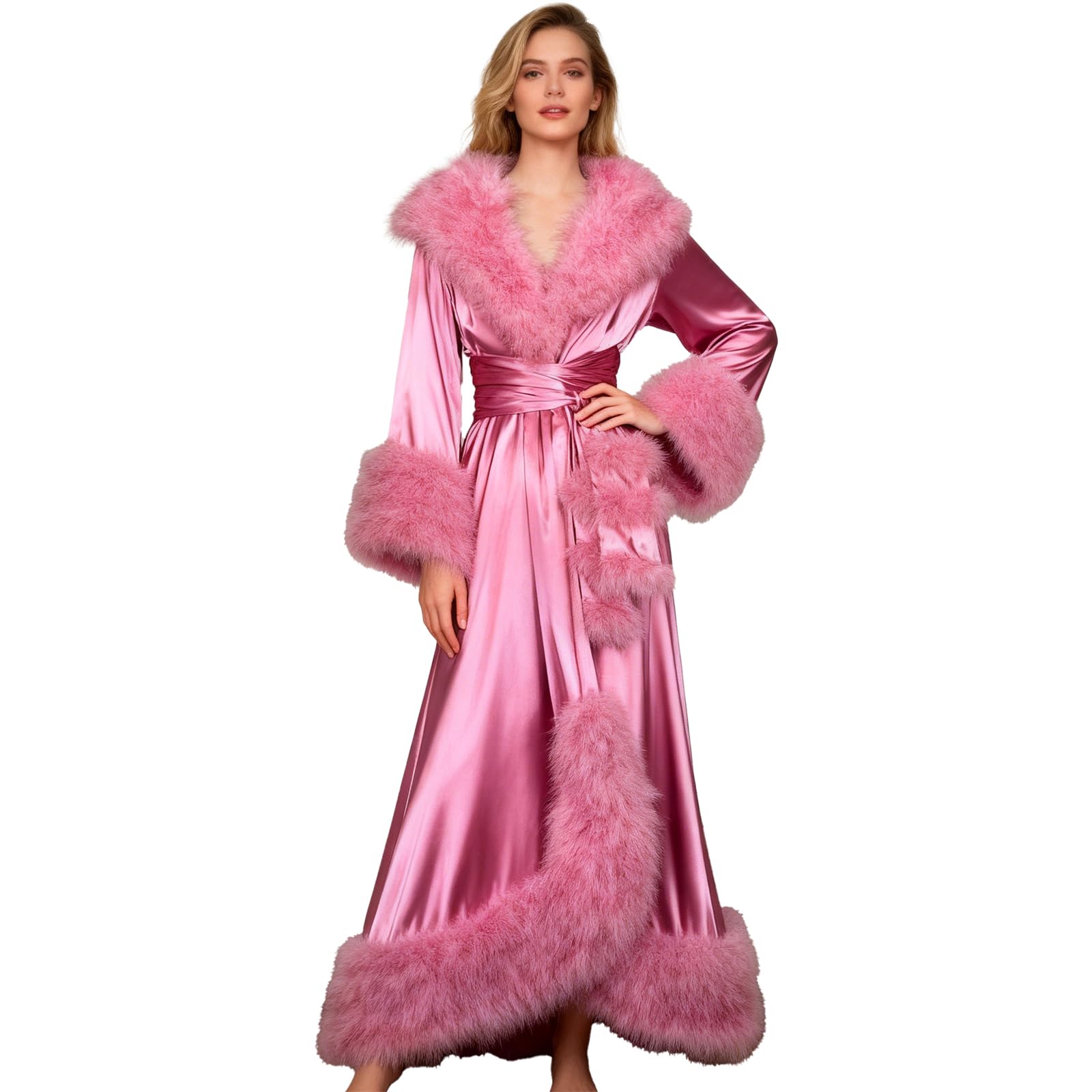 Albornoz de satén para mujer, con ribete de piel, pijama de dama de honor, ropa de dormir suave y sedosa, bata de longitud completa para boda