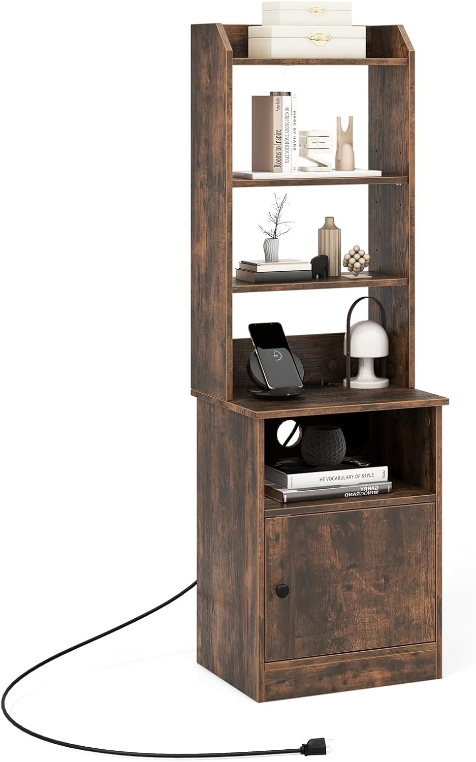 LOKO Nightstand with Charging Station, 56” Tall End Table with Adjustable Open Shelves, Storage Cabinet, Multifunctional Bedside Table, Sofa Side Table, for Bedroom, Living Room, Study (Rustic Brown)