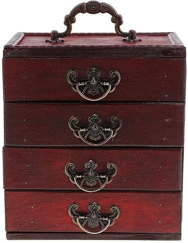 TIANQIHAO Vintage 4 Tier Jewelry Storage Box Earrings Necklace Storage Box Treasure Chest Wooden Art Craft