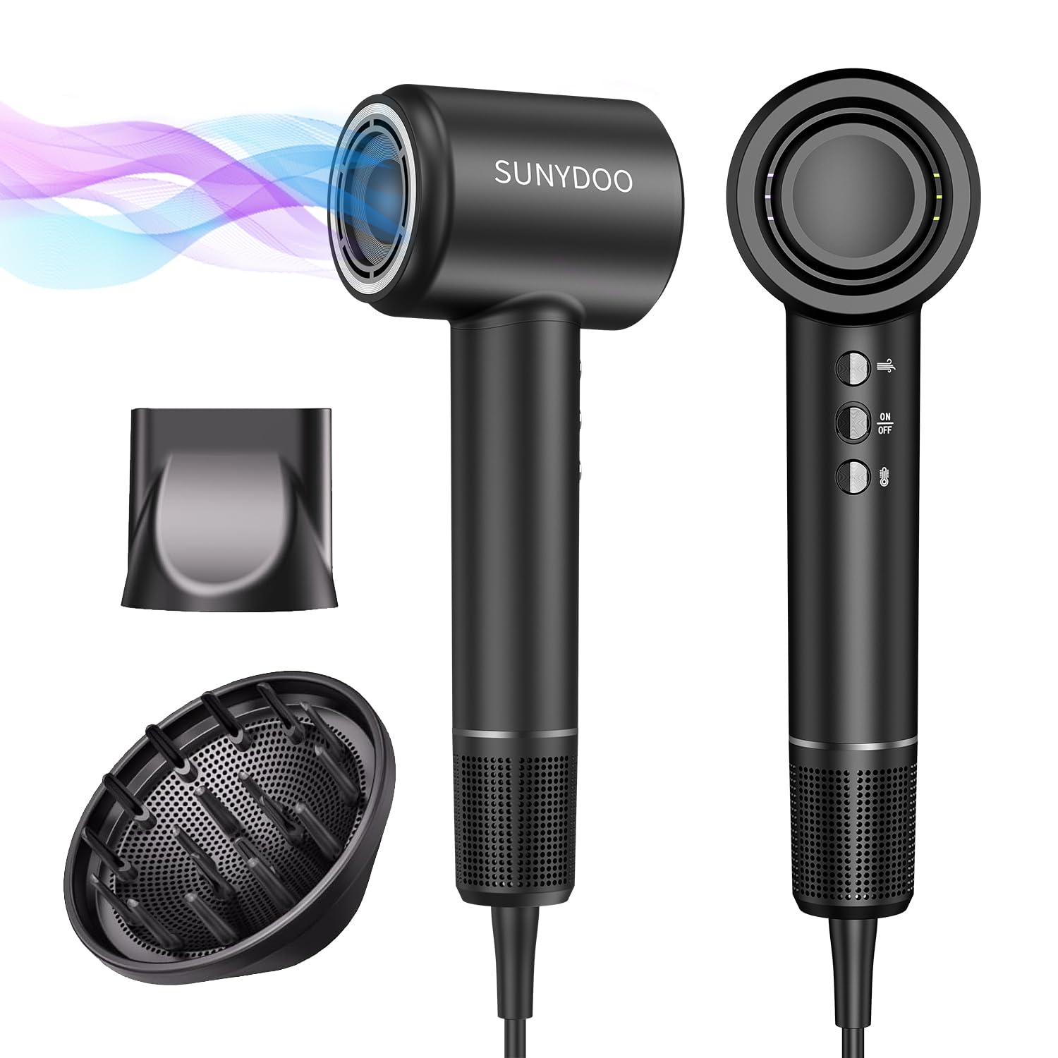 High Speed Brushless Hair Dryer with Thermo-Control Diffuser and Nozzle for Fast Low-Noise Drying