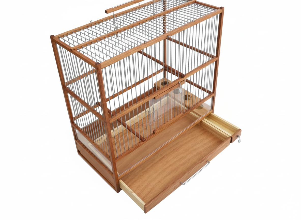 Grande cage à oiseaux en bois fabriquée à la main, plateau coulissant, plexiglas