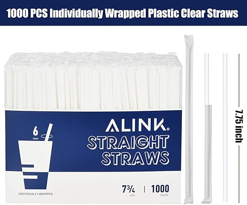 Miniatura 10 de ALINK 1000 popotes desechables de plástico de color neón, pajitas rectas envueltas individualmente, 7.75 x 0.23 pulgadas