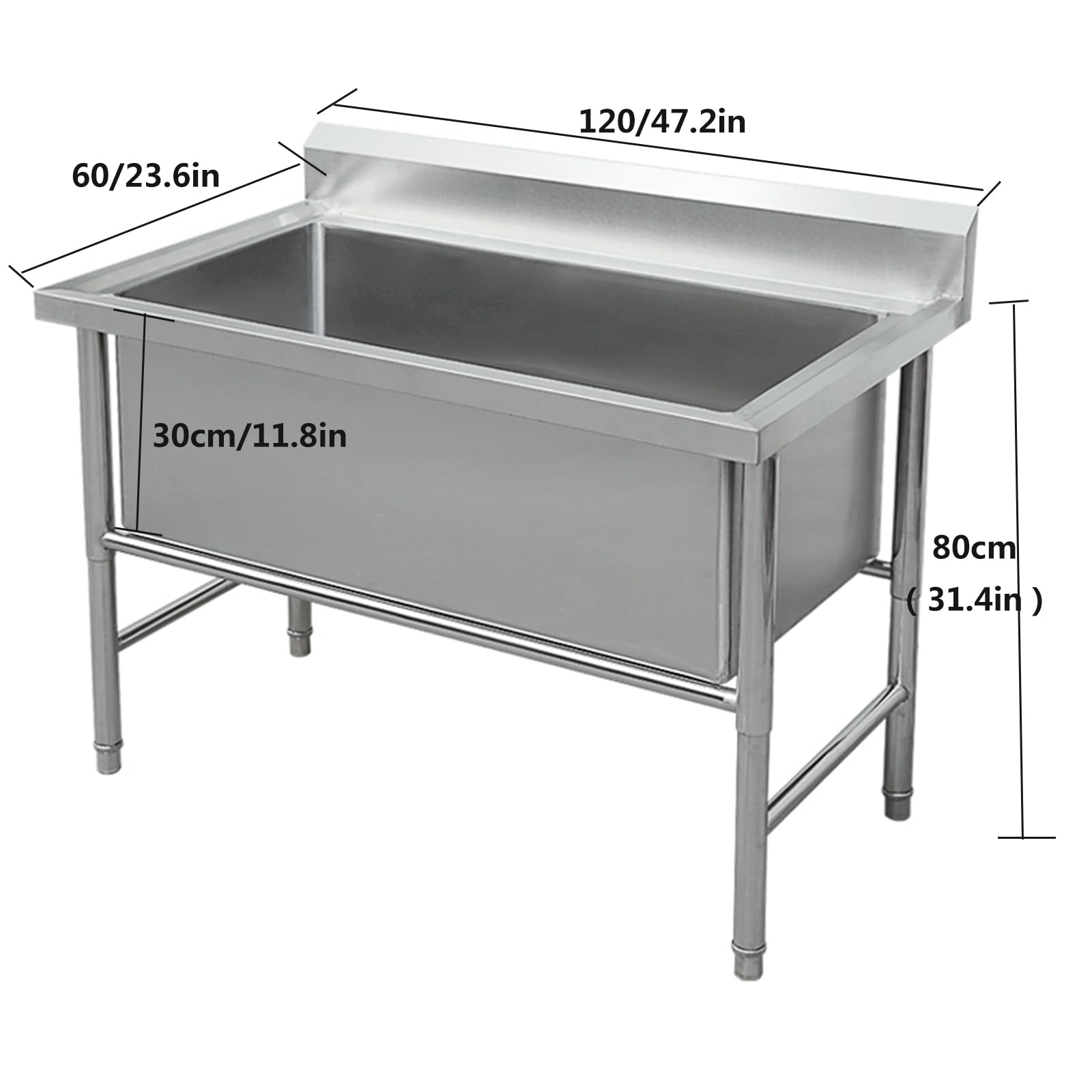 TRGCJGH Großes Einzelspülbecken, gewerbliche Spüle, Edelstahlspüle zum Waschen, freistehendes Mehrzweckspülbecken zum Waschen, Wäschespüle mit Wasserhahn (120 x 60 x 80 cm, 11,8 Zoll tief)