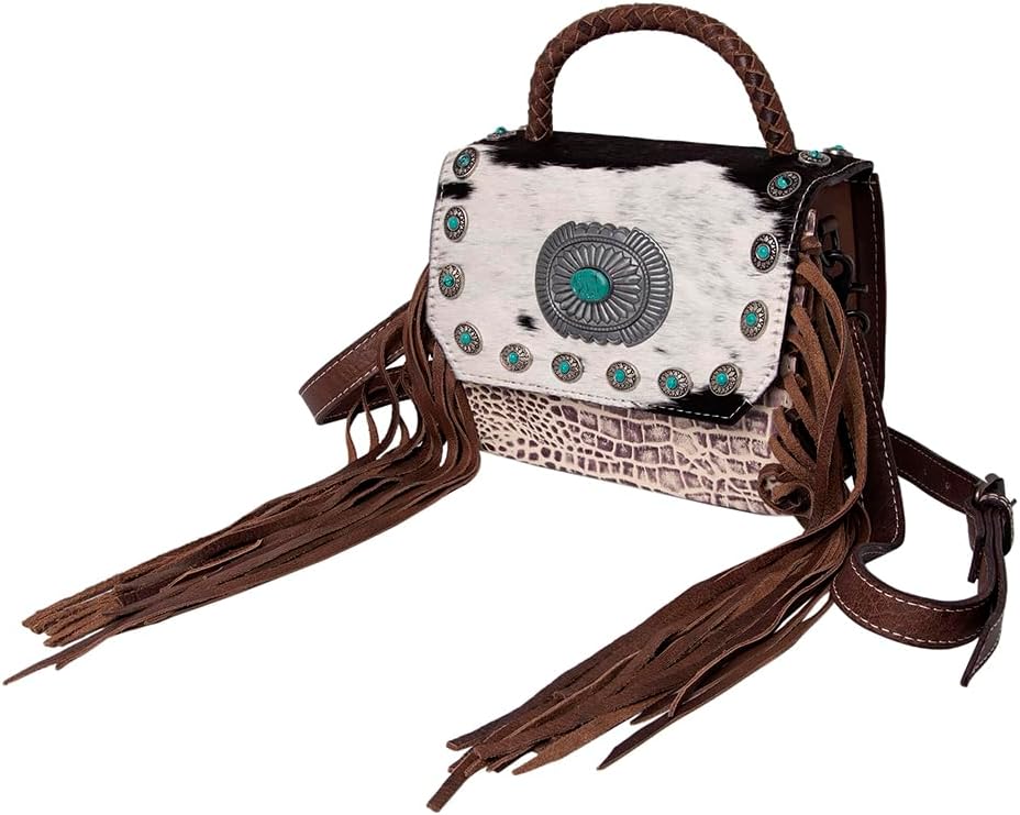 American Darling Western Messenger Bag, Hair-On Cowhide Full Grain Leather with Fringes and Concho, Handcrafted Boho Purse