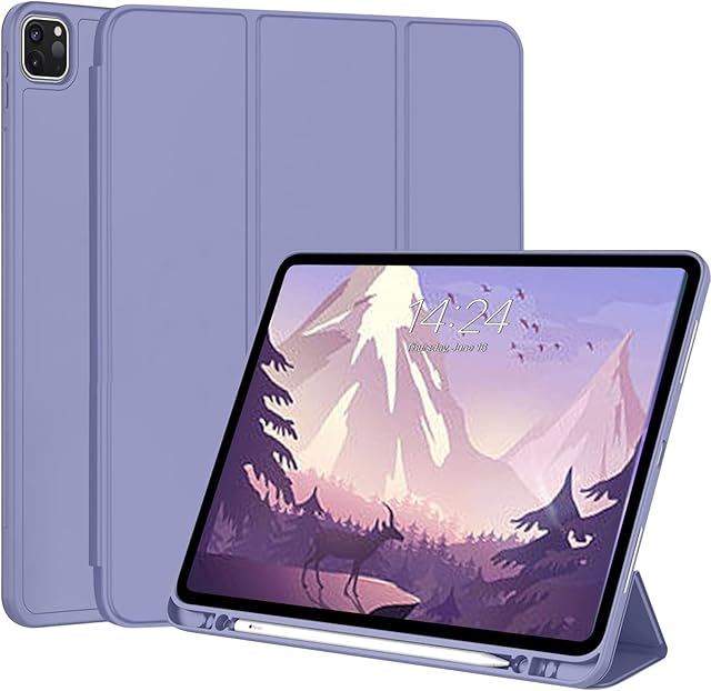 FANSONG Case for iPad Pro 12.9 inch 2022 2021 2020 2018 , Cover for iPad Pro 6th 5th 4th 3rd Generation with Auto Wake/Sleep TPU Smart Cover Flip Stand Slim Pencil Holder for iPad Pro 12.9 in(Purple)