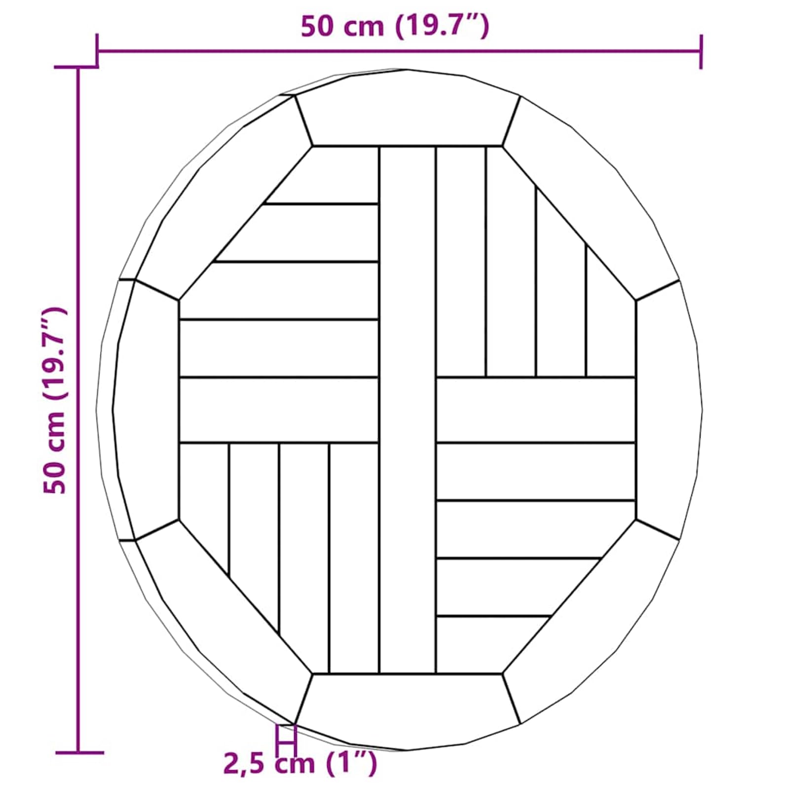 Okrągły blat stołu z drewna tekowego, 50 cm × 2,5 cm, drobno szlifowany, odporny na warunki atmosferyczne, z 4-drożnymi listwami, do indywidualnej konstrukcji stołu