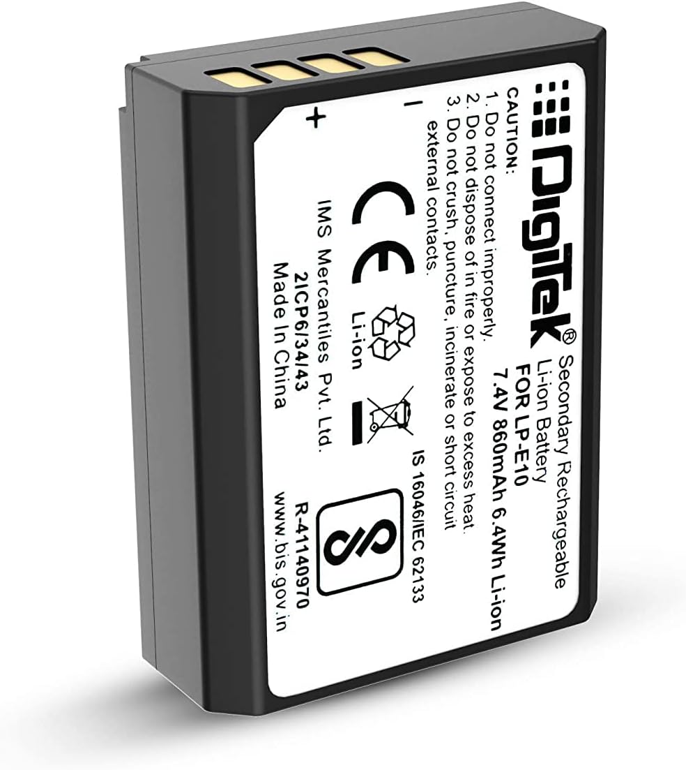 Digitek (LP E10 Lithium-ion Rechargeable Battery for DSLR Camera, 7.4V 860mAh, Multi Protection, Compatible with Canon Eos -1100D, 1200D, 1300D, Kiss X50, X70, Rebel T3, T5, T6