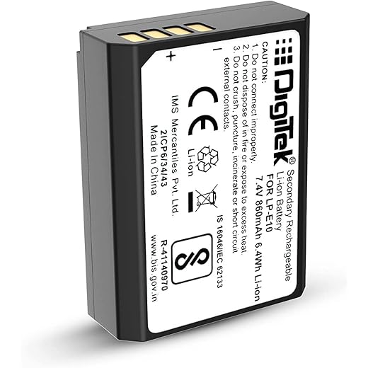 DIGITEK® (LP E10) Lithium-ion Rechargeable Battery for DSLR Camera, 7.4V 860mAh, Multi Protection, Compatible with Canon Eos -1100D, 1200D, 1300D, Kiss X50, X70, Rebel T3, T5, T6