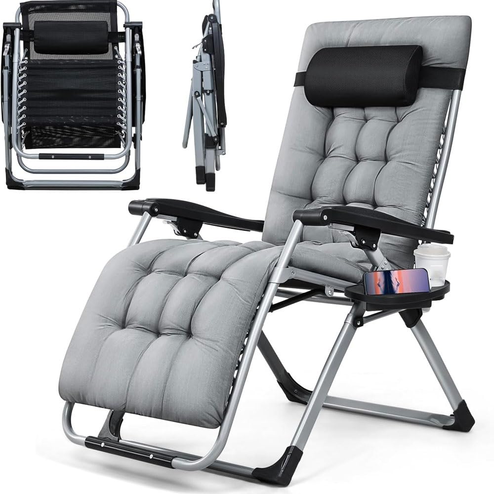 Tumbona, Silla de Gravedad Cero, Silla Reclinable Plegable con Reposacabezas Ajustable y Portavasos, Hamaca Portátil para Jardín, Patio, Playa y Camping