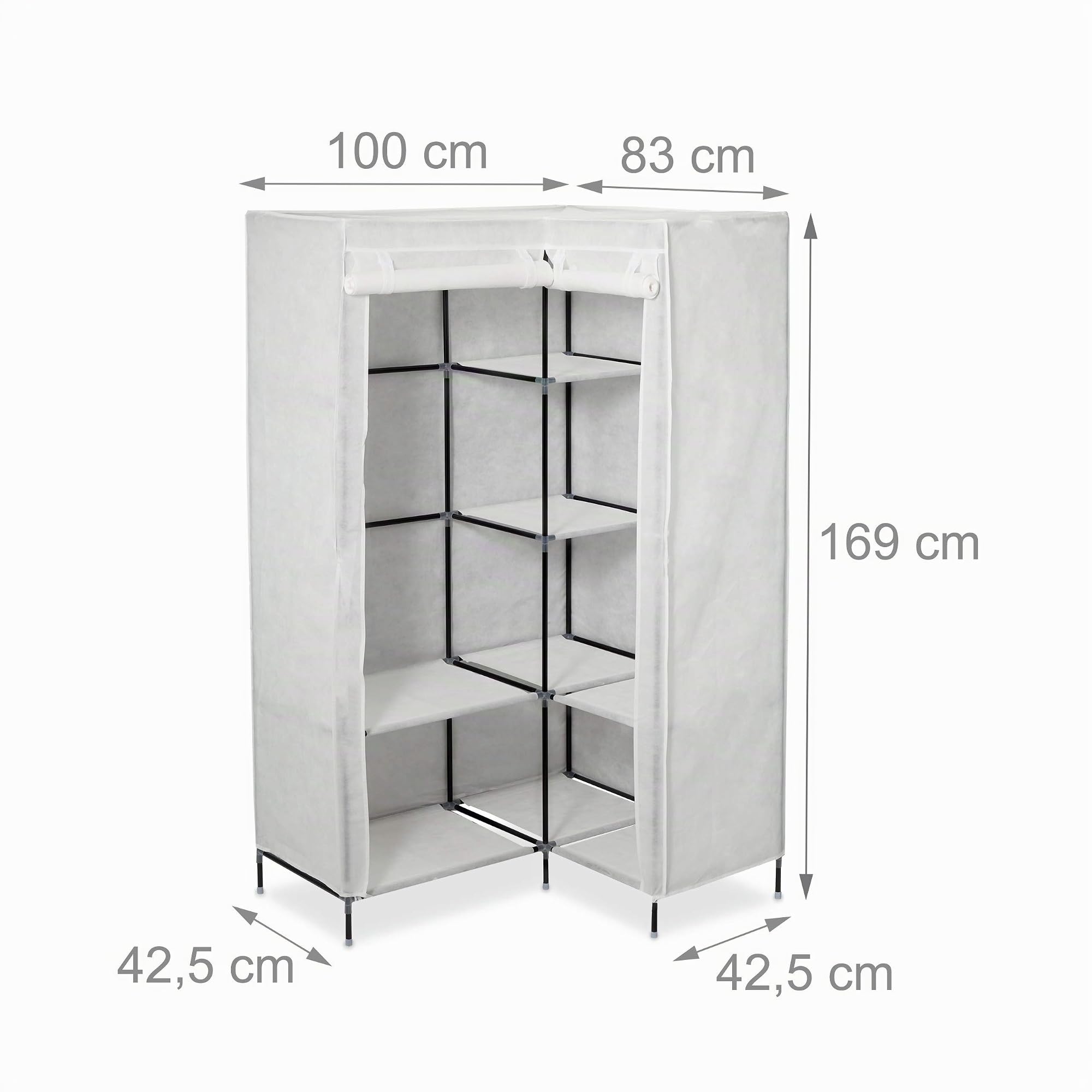 Relaxdays, Armadio Componibile ad Angolo, 3 Generazione, 8 Ripiani, 2 Aste Appendiabiti, 169x100x83 cm, Bianco