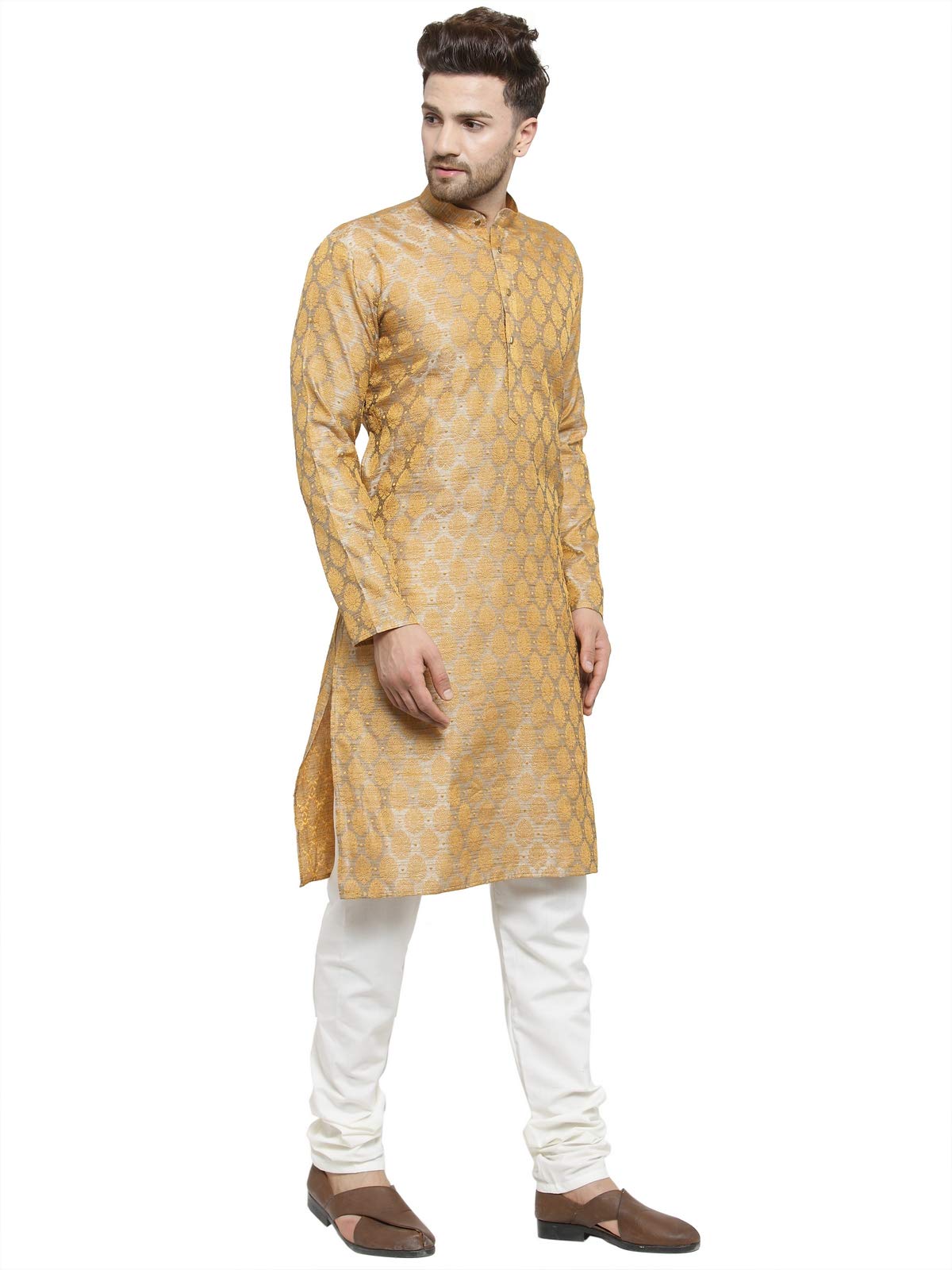 Jompers Men's Jacquard Silk Kurta And Pyjama(Silver,Xl)